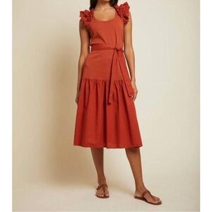NATION LTD Everleigh Frilly Midi Dress Cayene Scoop Neck Ruffle Shoulder M NEW